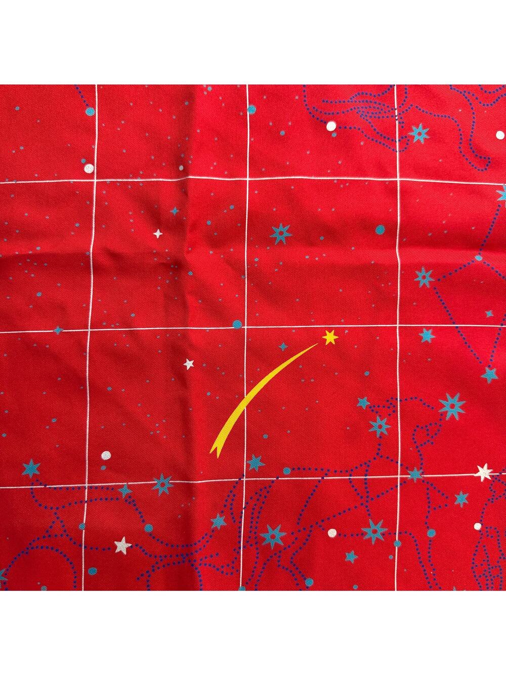 Hermes Red "Constellation" 100% Silk Vintage Rolled Edge Pocket Square Scarf.